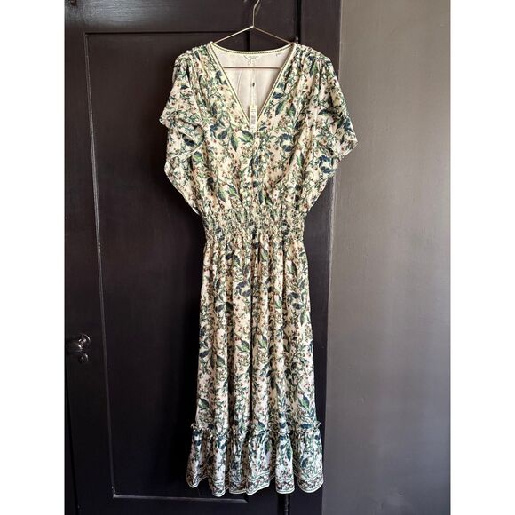 NWT Max Studio green and cream flutter sleeve floral tiered maxi dress - Picture 1 of 14